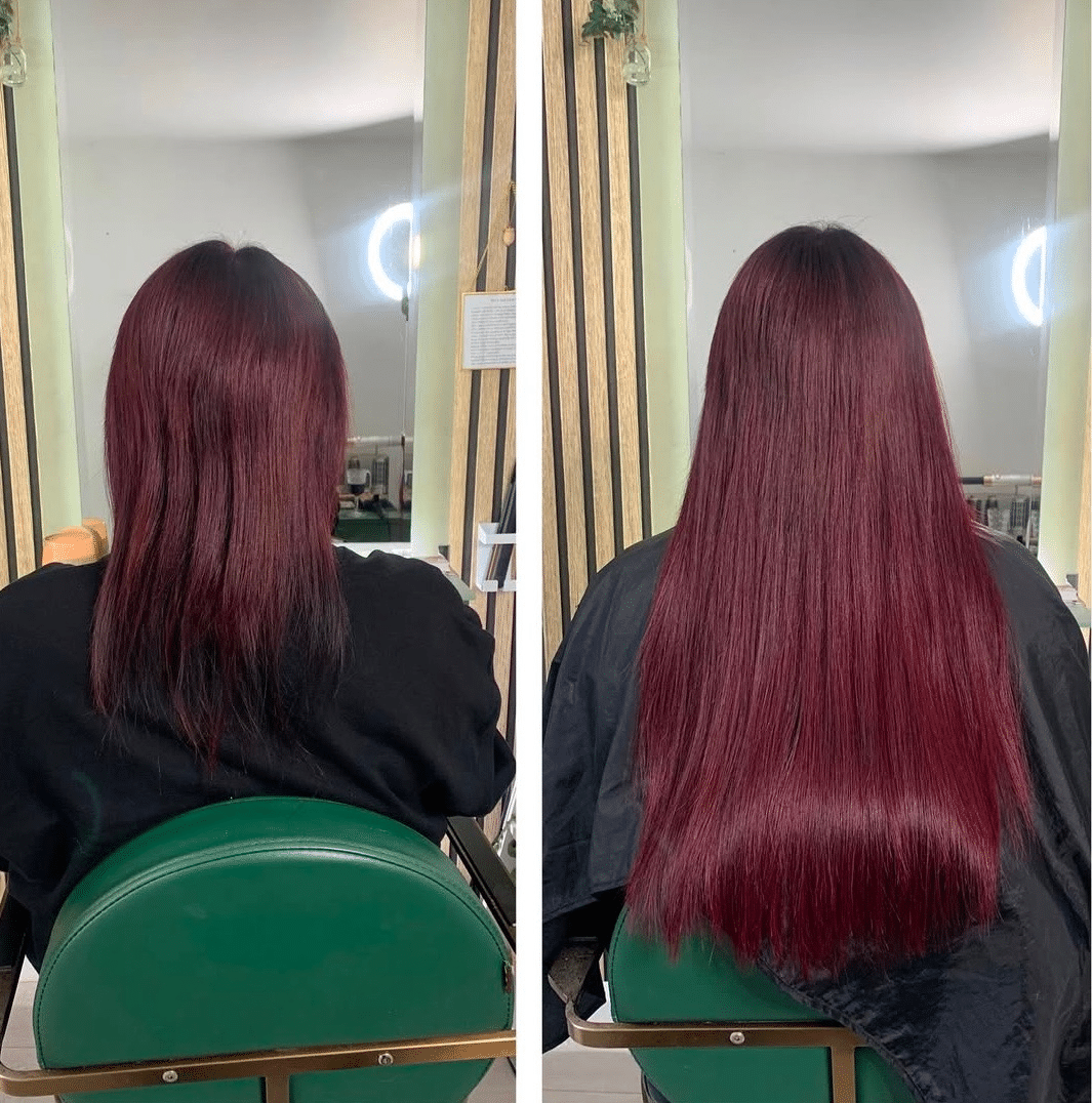 Before and after showing hair extensions adding highlights and dimension.