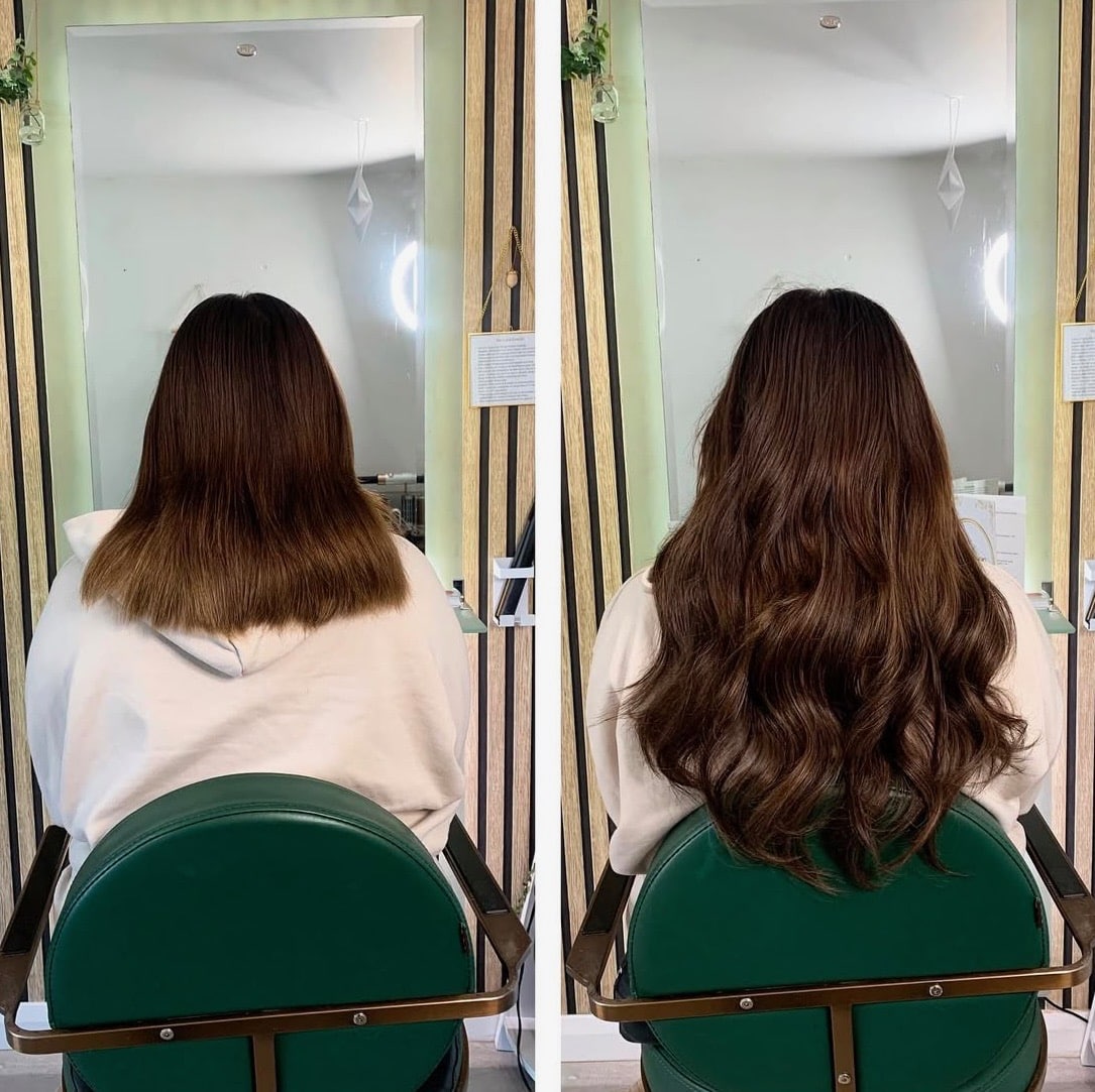 Before and after transformation showing added length and volume with hair extensions.