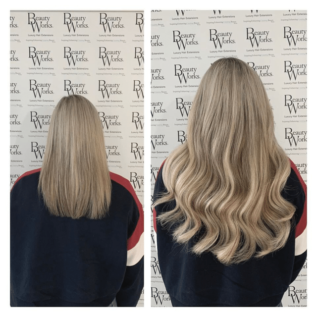 Before and after of hair styled with curls, enhanced by Nicki Mac Hair Extensions.